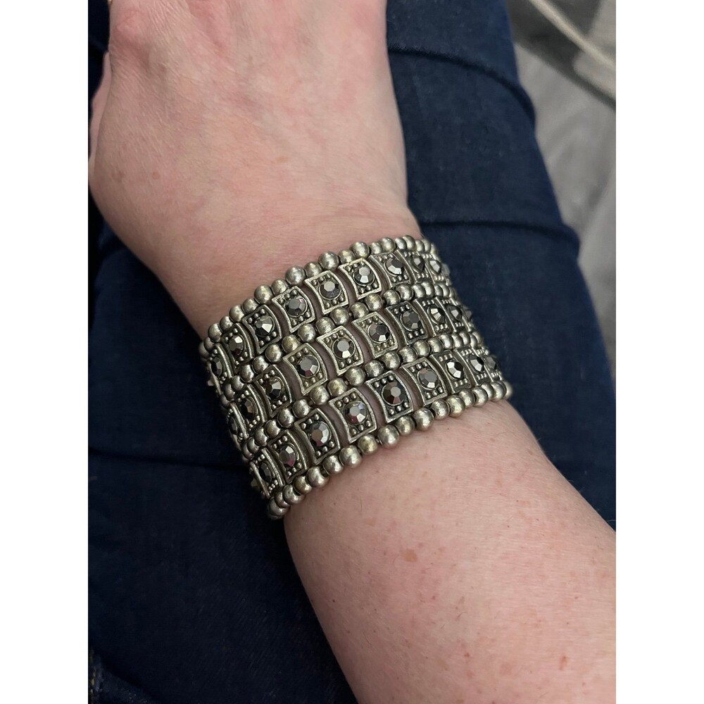 Silver Tone Hematite Rhinestone Wide Stretch Cuff Bracelet